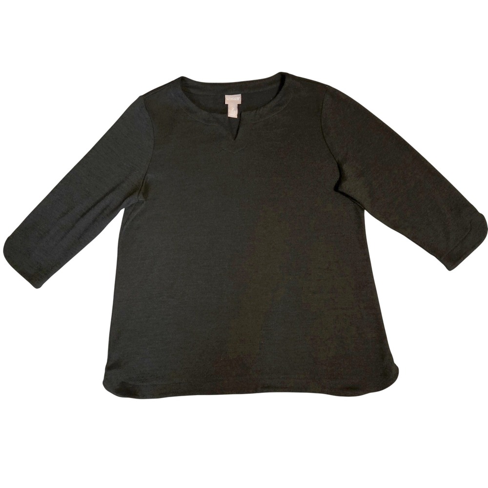 Classic Chicos Black Split Neck 3/4 Sleeve Knit Tunic Top Size 2 Medium
